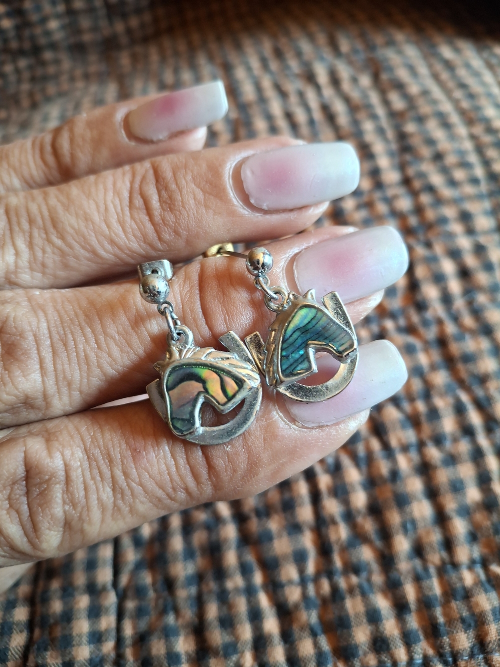 Silver Horse Head Dangle Earrings with Abalone Inlay - Green Blue